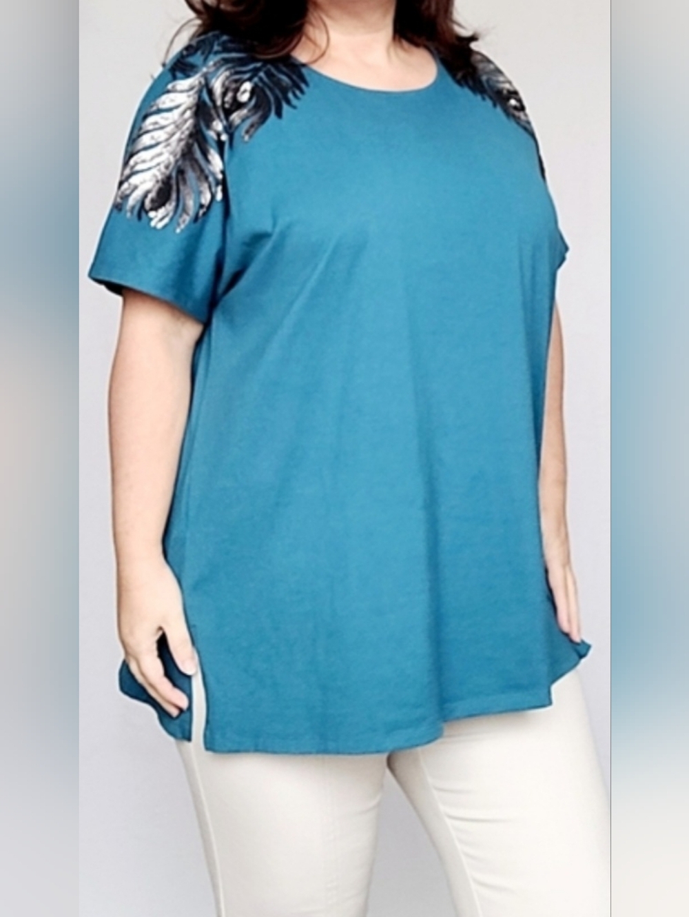 Roaman's Plus Size Teal Cotton Short Sleeve Top Sequins Embellishment 1X(22-24)